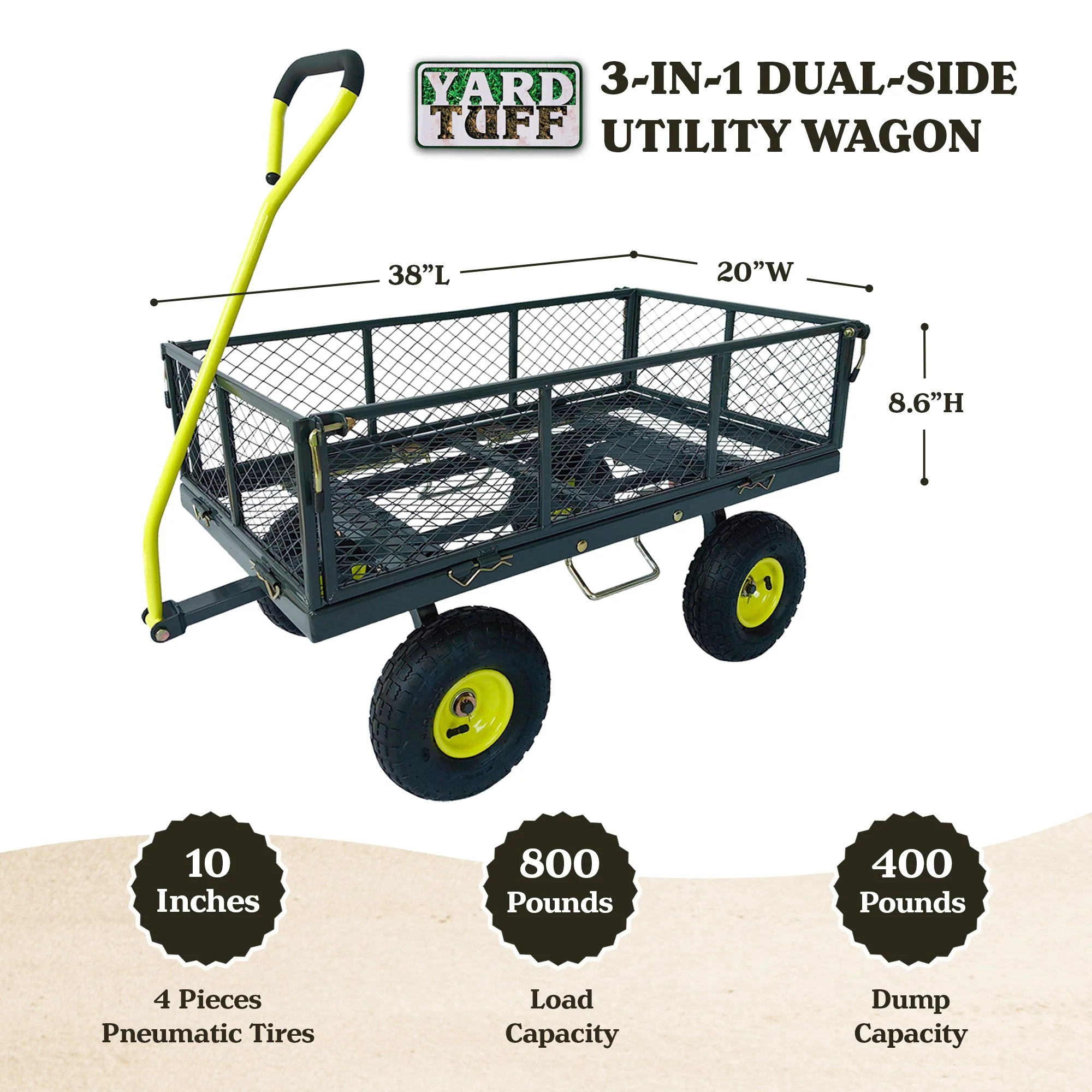 Yard Tuff 3 in 1 Dual-Side Dump Utility Wagon for Garden with Fold-Down Sides - Image 3
