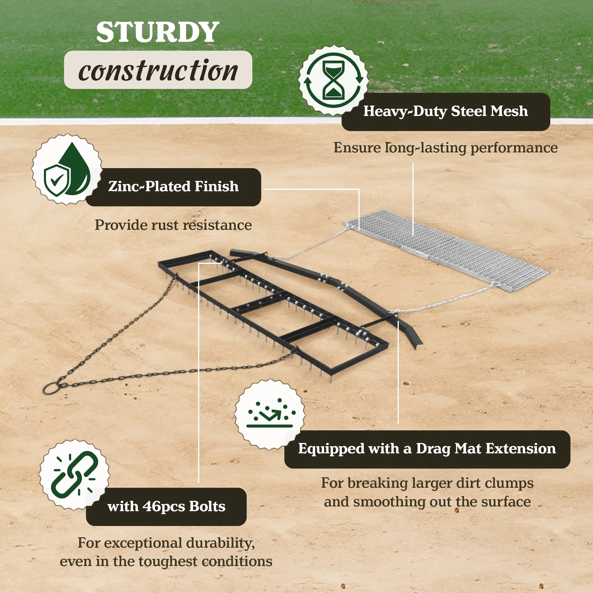 Yard Tuff 6' Spike Drag with Surface Leveling Bar and Drag Mat for ATV/UTVs - Image 2