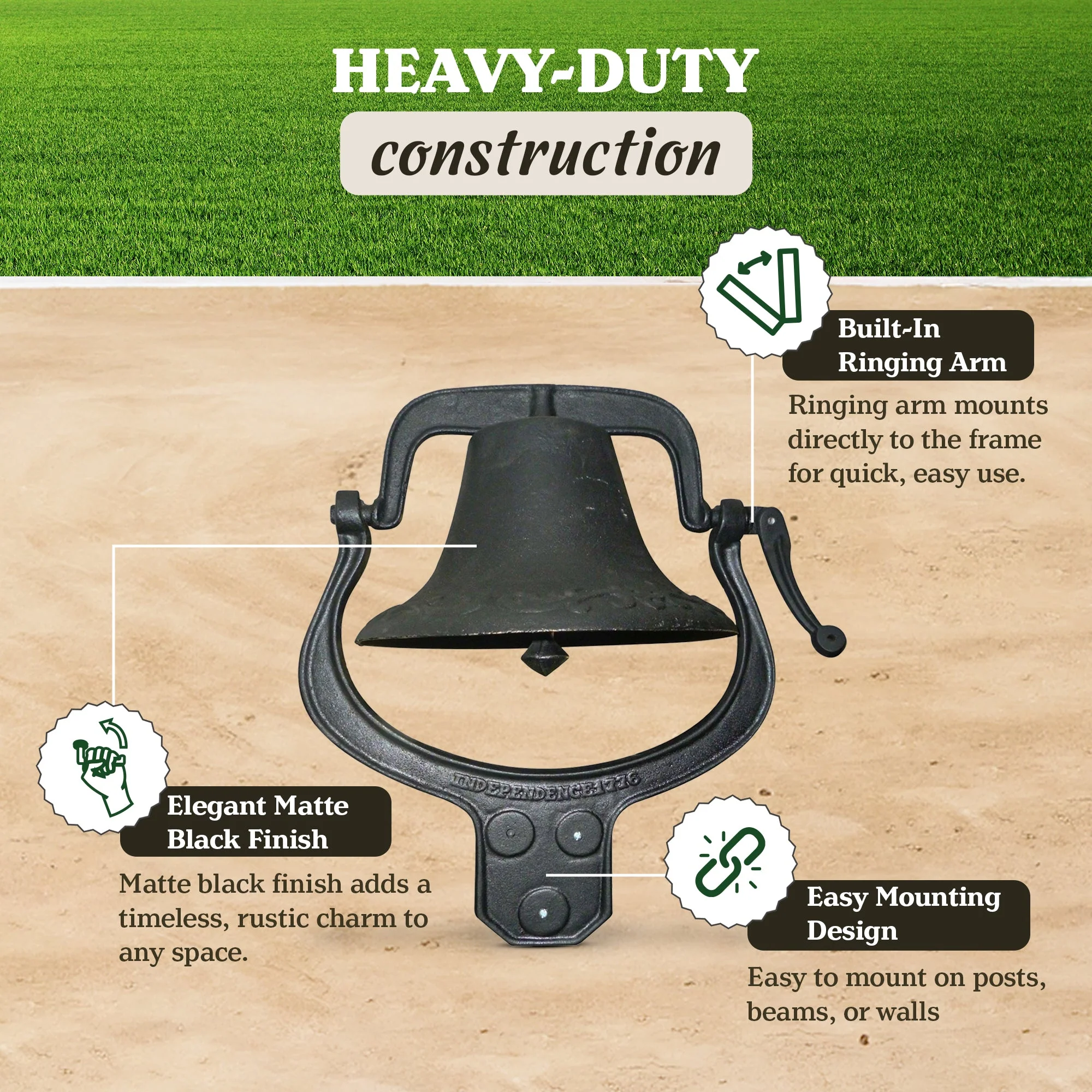 Yard Tuff YTF-22LB Large Decorative Collectible Cast Iron Metal Farm Dinner Bell - Image 2