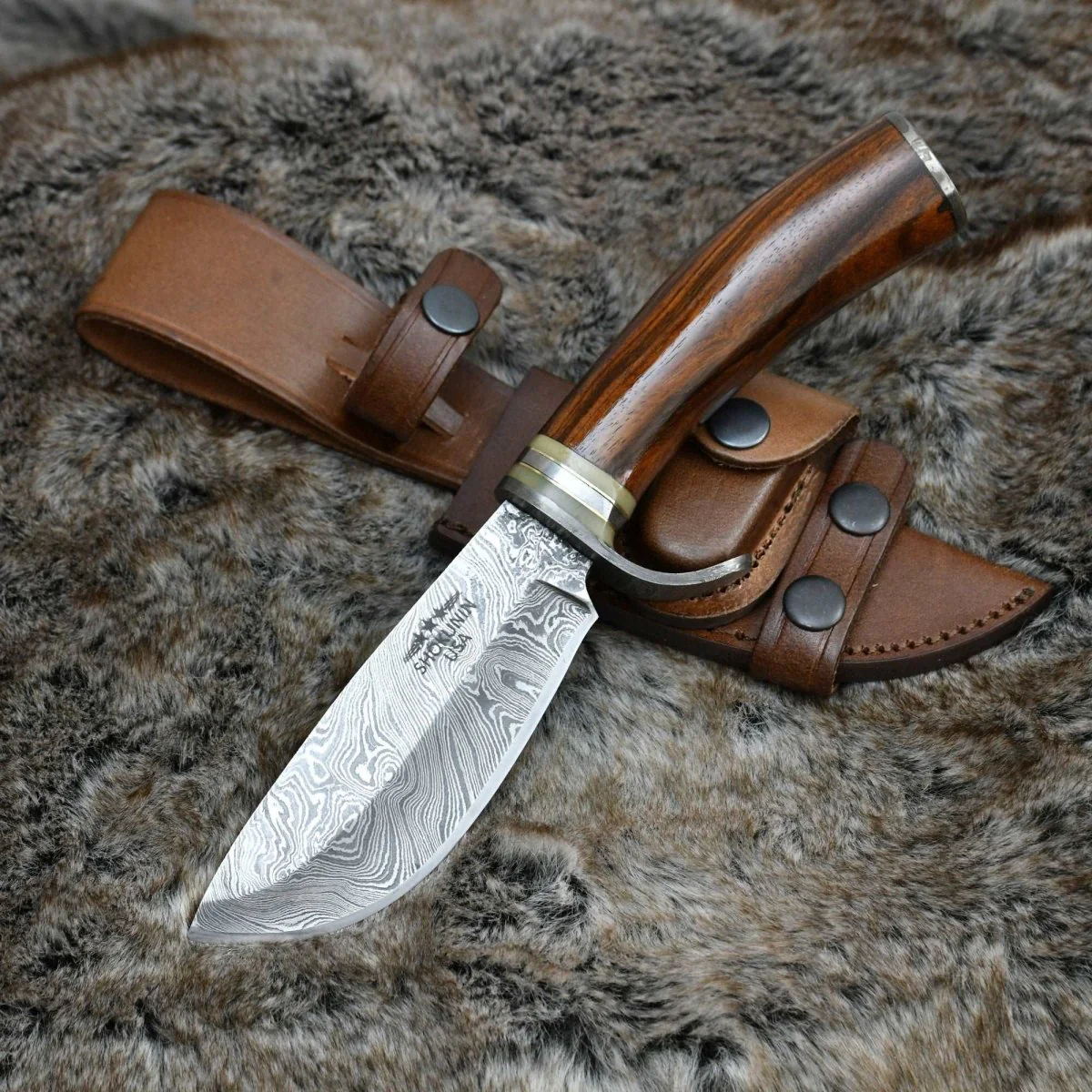 Zen Damascus Hunting Knife with Exotic Rose Wood Handle - Image 2
